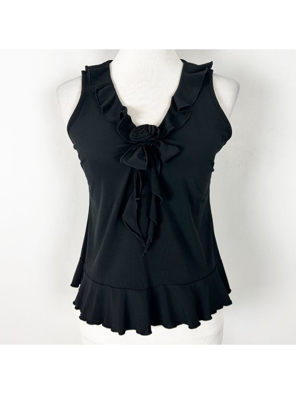 Y2K Black Ruffle Peplum Tank Top Black Rosette Boho Whimsigoth Size Small Women'